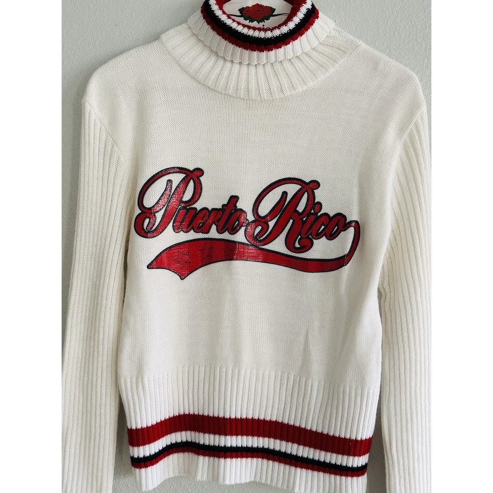 Vintage PUERTO RICO Spellout Sweater White Red Y2K Women's Large by Rave - Picture 2 of 16